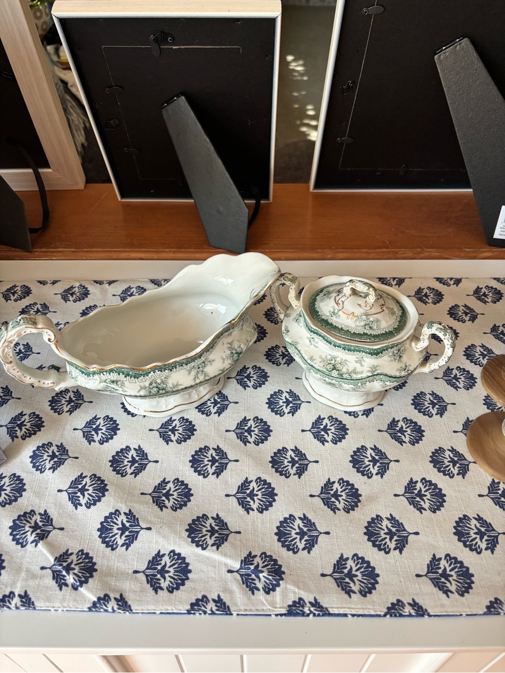 Antique Greenand White Transferwa Floral Porcelain Gravy Boat and Sugar Bowl Set